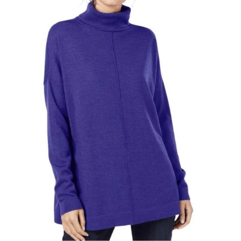 Eileen Fisher Merino Wool Jersey Knit Tunic Royal Blue Turtleneck Sweater